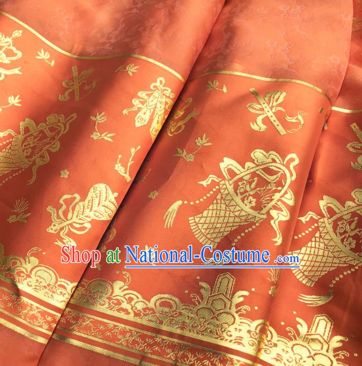 Chinese Traditional Eight Immortals Pattern Design Orange Brocade Fabric Asian China Satin Hanfu Material