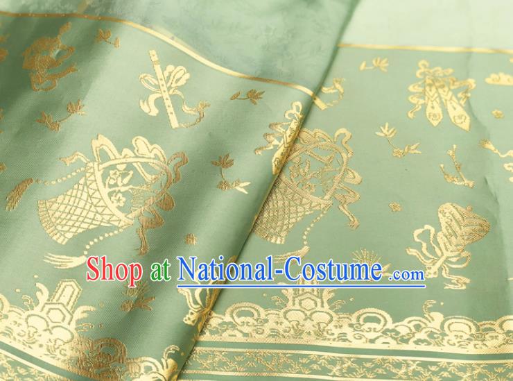 Chinese Traditional Eight Immortals Pattern Design Light Green Brocade Fabric Asian China Satin Hanfu Material