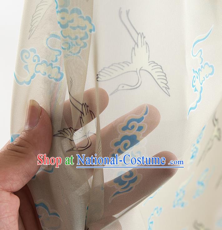 Chinese Traditional Printing Crane Pattern Design White Chiffon Fabric Asian China Hanfu Material