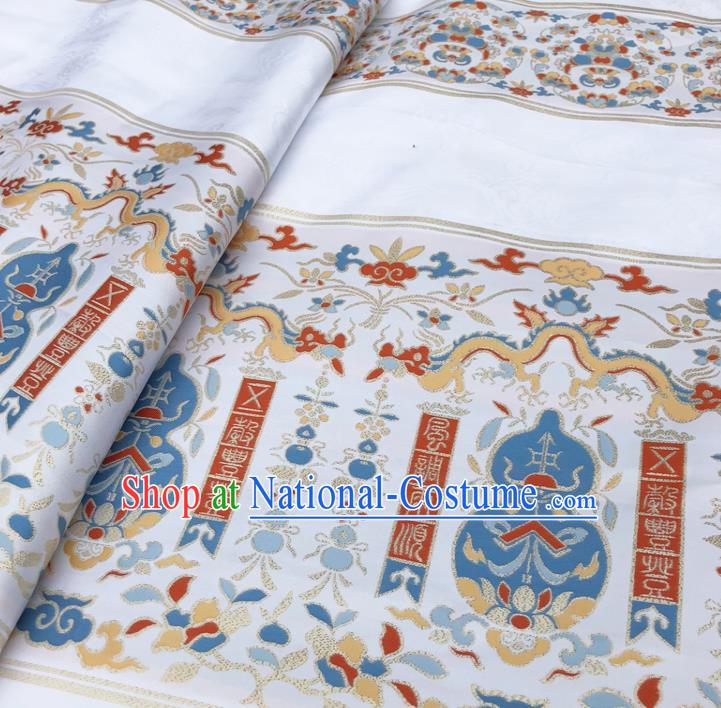 Chinese Traditional Calabash Dragon Pattern Design White Brocade Fabric Asian China Satin Hanfu Material