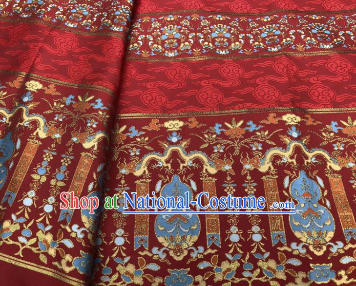 Chinese Traditional Calabash Dragon Pattern Design Red Brocade Fabric Asian China Satin Hanfu Material