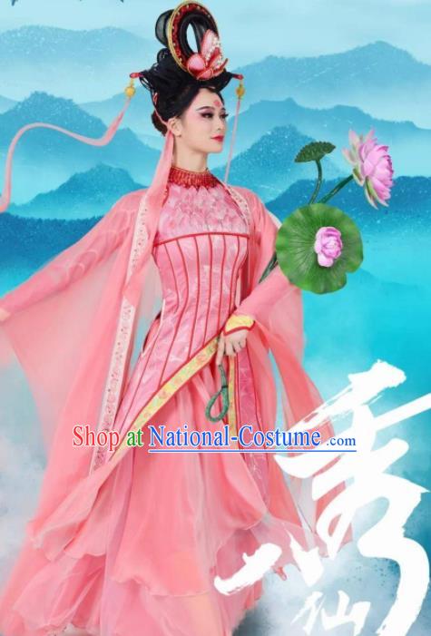 Chinese Stage Performance Qing Show Eight Immortals Goddess He Xiangu Costumes and Headpiece Complete Set