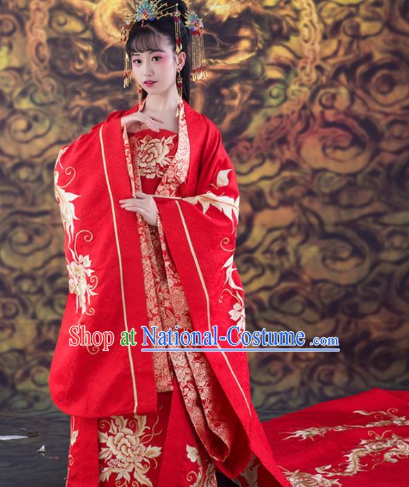 Chinese Traditional Wedding Red Dress Ancient Tang Dynasty Court Princess Costumes and Headpiece for Women