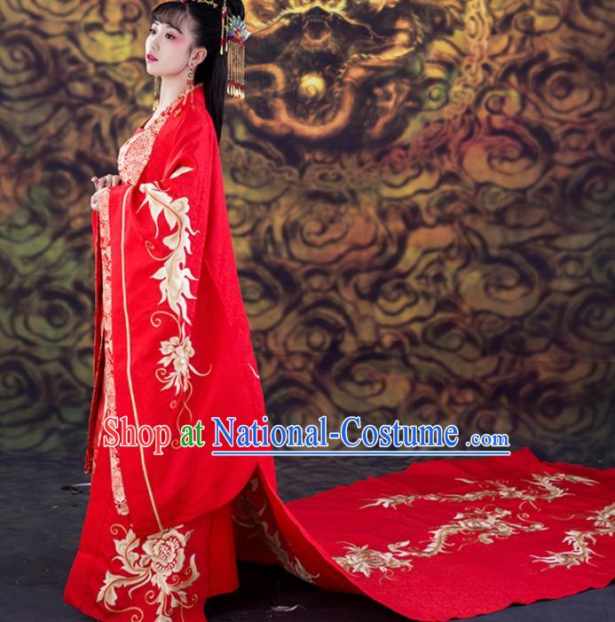 Chinese Traditional Wedding Red Dress Ancient Tang Dynasty Court Princess Costumes and Headpiece for Women