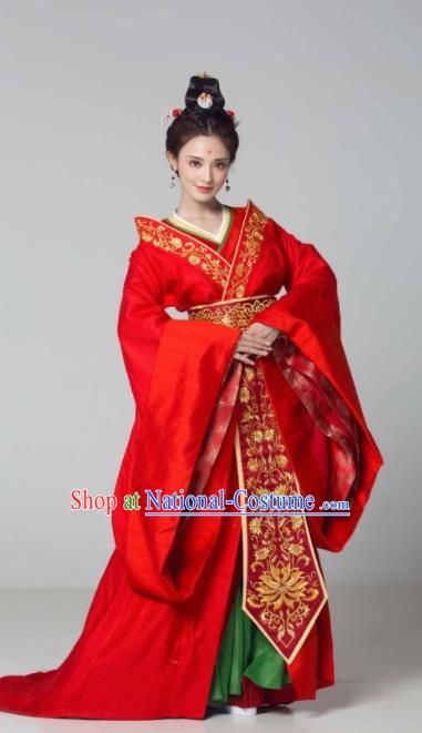 Chinese Traditional Tang Dynasty Palace Lady Red Dress Ancient Crown Princess Costume for Women