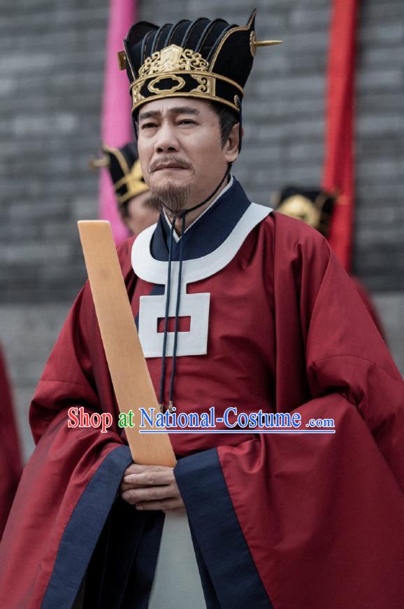 Chinese Ancient Song Dynasty Minister of Justice Drama Royal Nirvana Zhang Luzheng Replica Costumes and Hat Complete Set