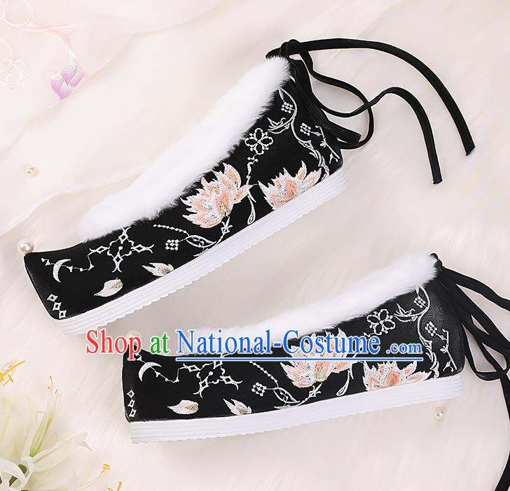 Asian Chinese Winter Shoes Embroidered Black Bow Shoes Traditional Opera Shoes Hanfu Shoes for Women