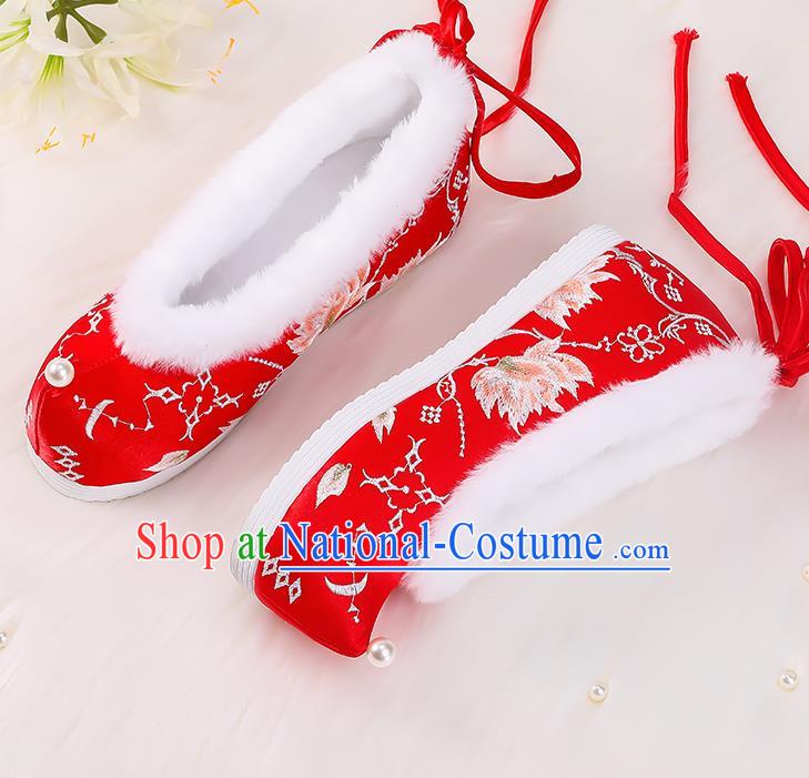 Asian Chinese Winter Shoes Embroidered Red Bow Shoes Traditional Opera Shoes Hanfu Shoes for Women