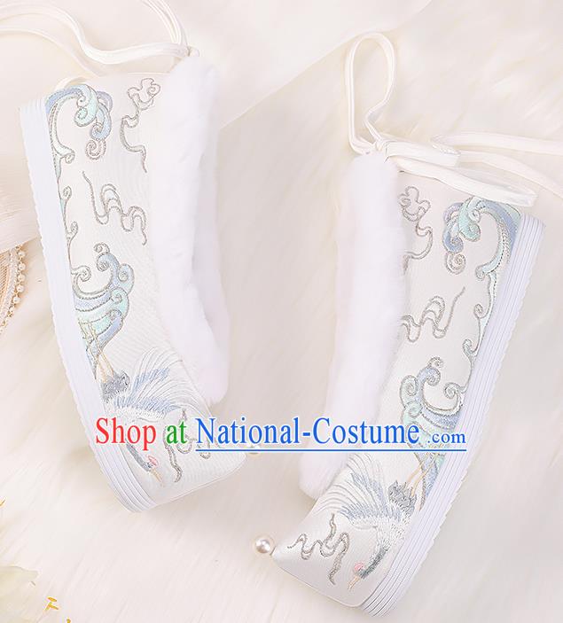 Asian Chinese Winter Shoes Embroidered Crane White Shoes Traditional Opera Shoes Hanfu Shoes for Women