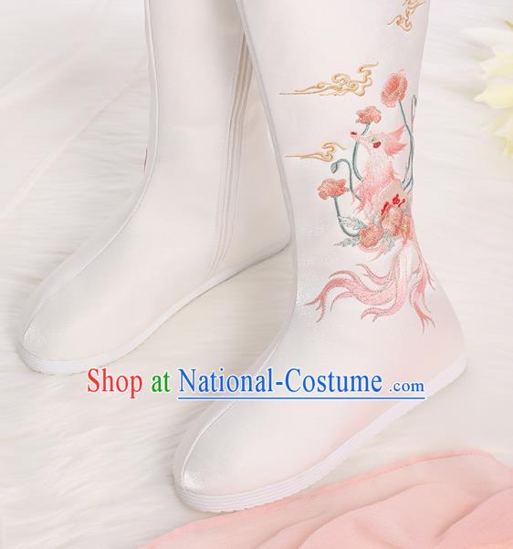 Asian Chinese White Embroidered Fox Boots Traditional Opera Boots Hanfu Shoes for Women