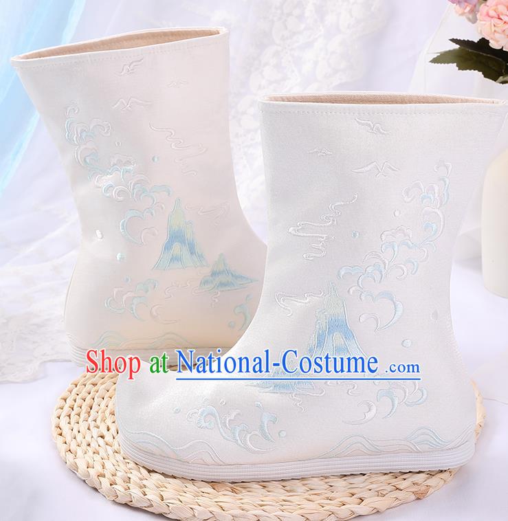 Asian Chinese White Embroidered Cloud Mount Boots Traditional Opera Boots Hanfu Shoes for Women