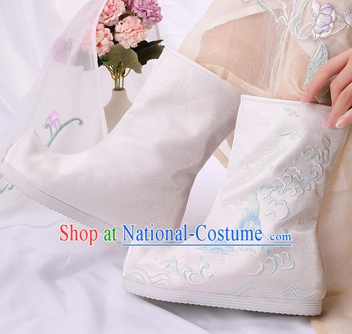 Asian Chinese White Embroidered Cloud Mount Boots Traditional Opera Boots Hanfu Shoes for Women