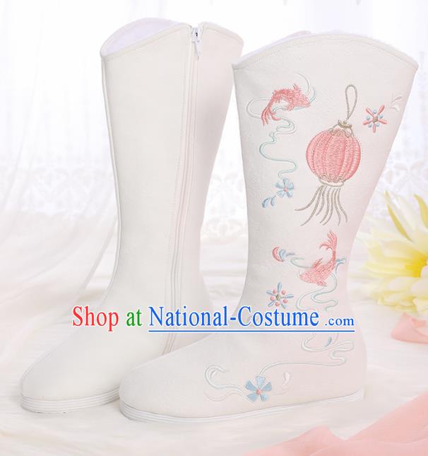 Asian Chinese White Embroidered Lantern Boots Traditional Opera Boots Hanfu Shoes for Women