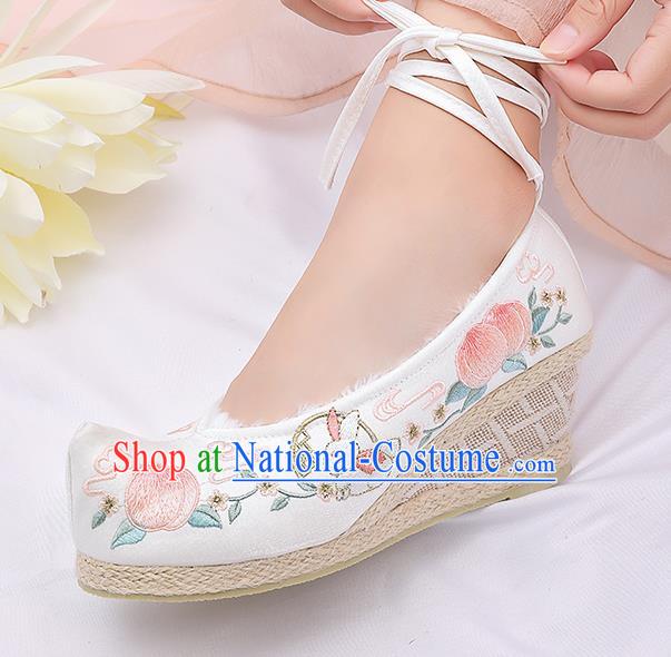 Asian Chinese Winter White Wedge Heel Shoes Embroidered Peach Rabbit Shoes Traditional Opera Shoes Hanfu Shoes for Women