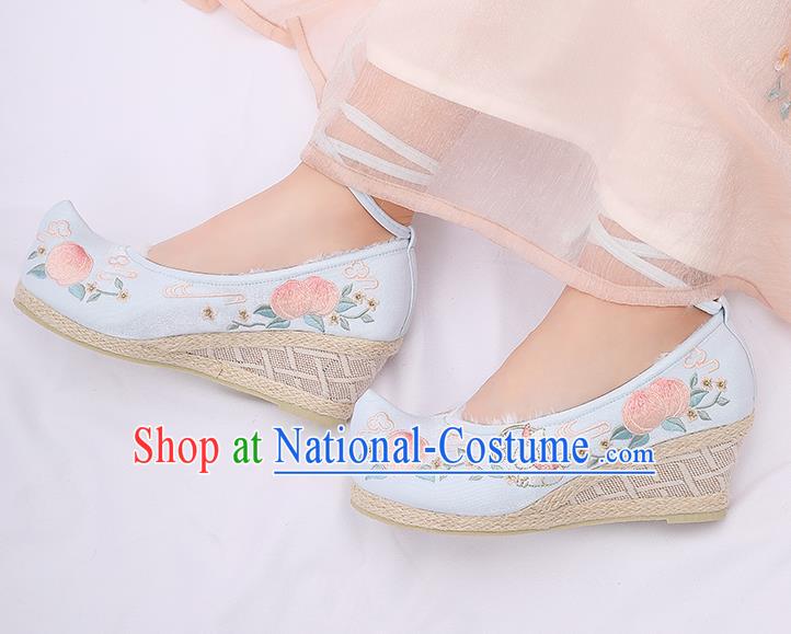 Asian Chinese Winter Blue Wedge Heel Shoes Embroidered Peach Rabbit Shoes Traditional Opera Shoes Hanfu Shoes for Women