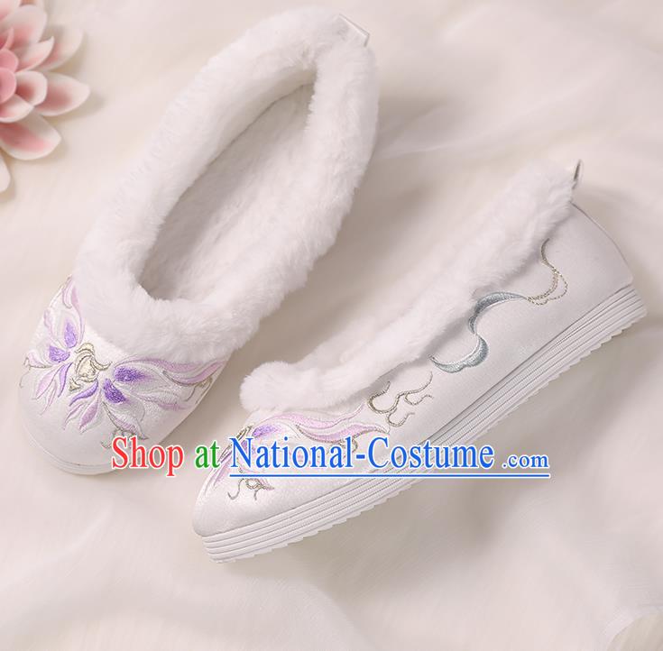 Asian Chinese Winter Shoes Embroidered Purple Flower Shoes Traditional Opera Shoes Hanfu Shoes for Women