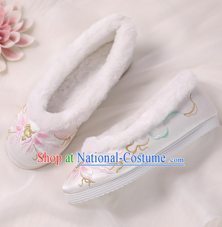 Asian Chinese Winter Shoes Embroidered Pink Flower Shoes Traditional Opera Shoes Hanfu Shoes for Women