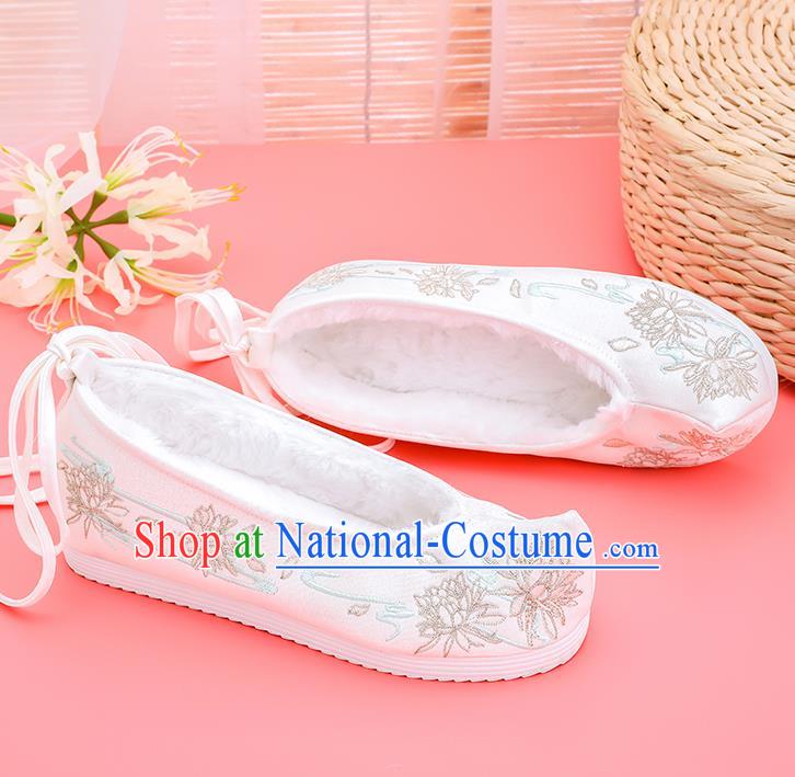 Asian Chinese Winter White Bow Shoes Embroidered Epiphyllum Shoes Traditional Opera Shoes Hanfu Shoes for Women