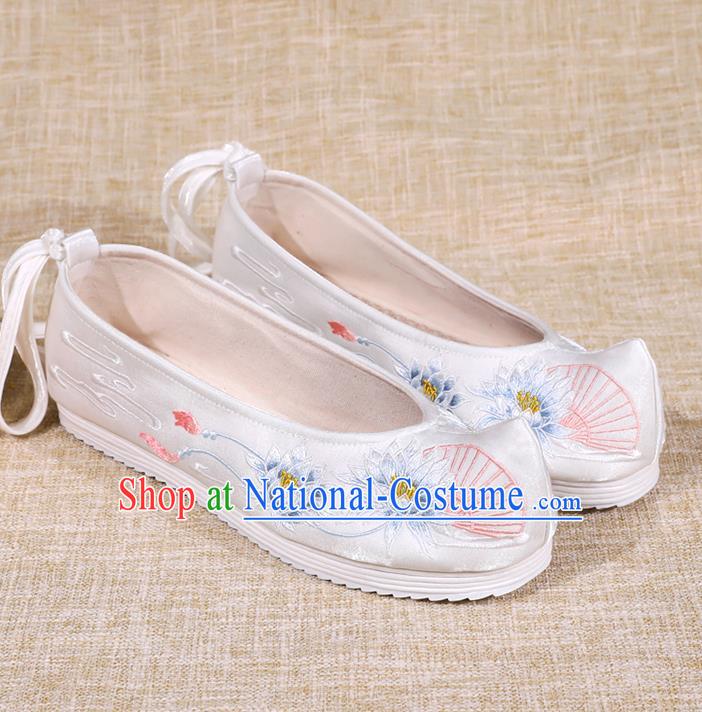 Asian Chinese White Bow Shoes Embroidered Epiphyllum Shoes Traditional Opera Shoes Hanfu Shoes for Women