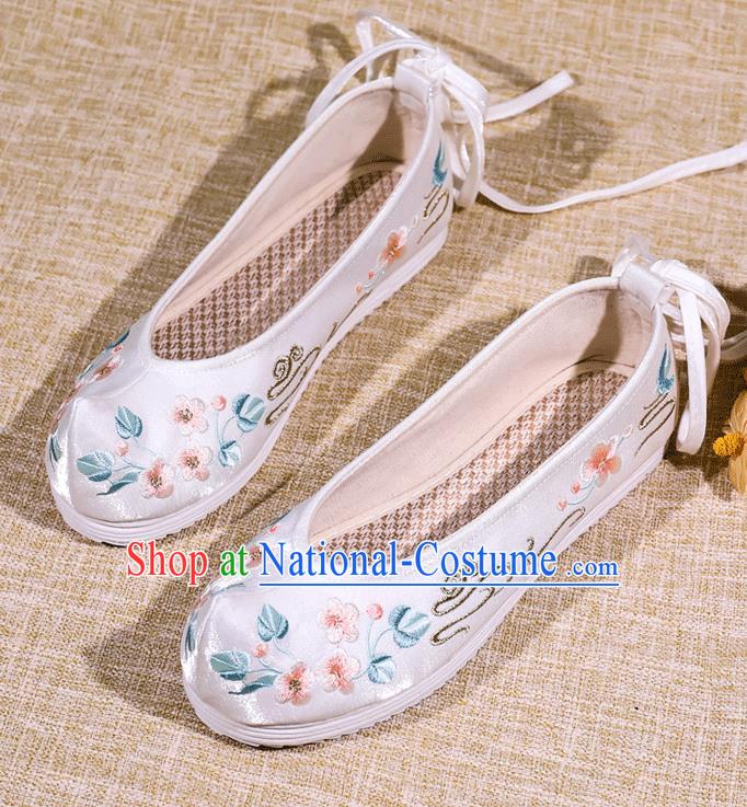 Asian Chinese Satin Shoes Embroidered Flowers White Shoes Traditional Opera Shoes Hanfu Shoes for Women