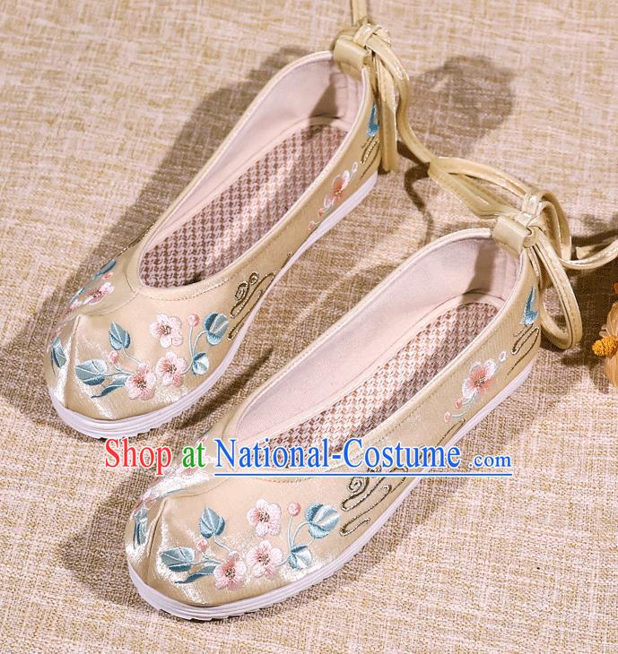 Asian Chinese Satin Shoes Embroidered Flowers Golden Shoes Traditional Opera Shoes Hanfu Shoes for Women