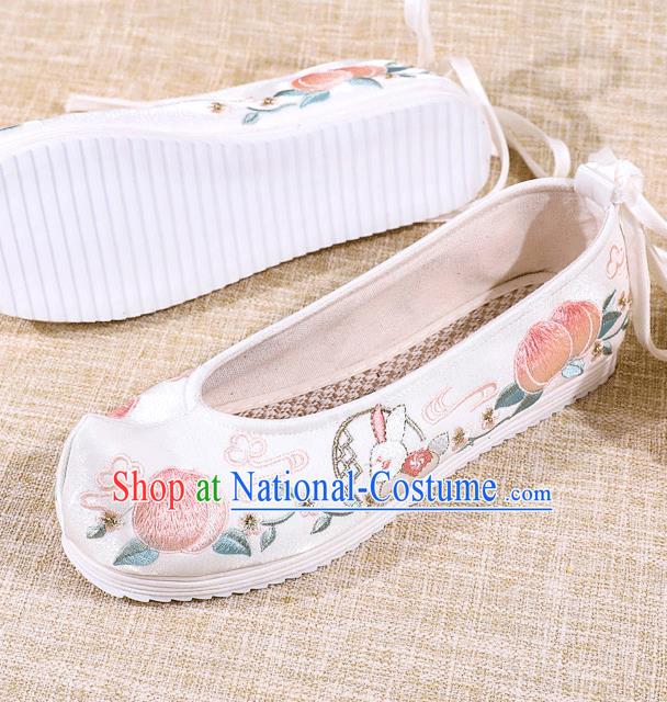 Asian Chinese White Satin Shoes Embroidered Rabbit Shoes Traditional Opera Shoes Hanfu Shoes for Women