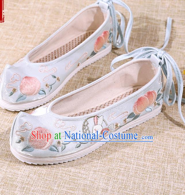 Asian Chinese Blue Satin Shoes Embroidered Rabbit Shoes Traditional Opera Shoes Hanfu Shoes for Women