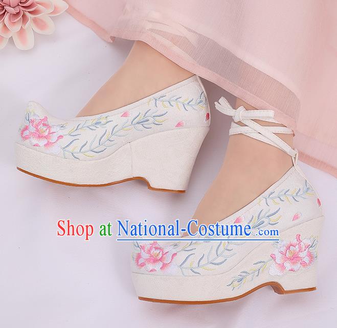 Asian Chinese White High Heel Shoes Embroidered Shoes Traditional Opera Shoes Hanfu Shoes for Women