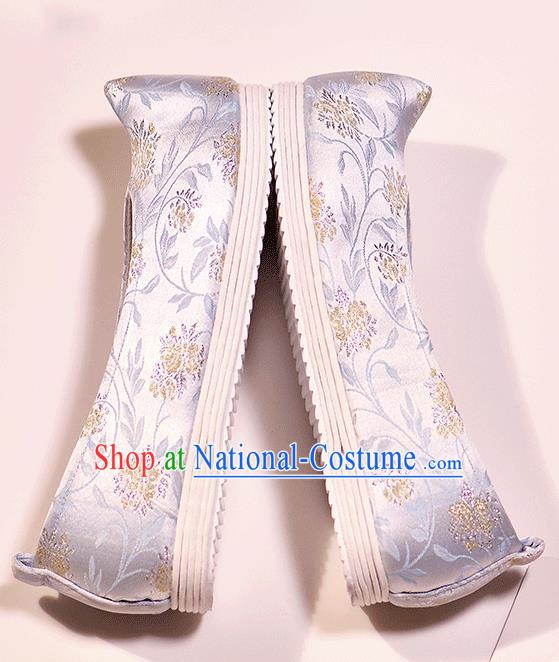 Asian Chinese Ming Dynasty Light Blue Satin Shoes Embroidered Shoes Traditional Opera Shoes Hanfu Shoes for Women