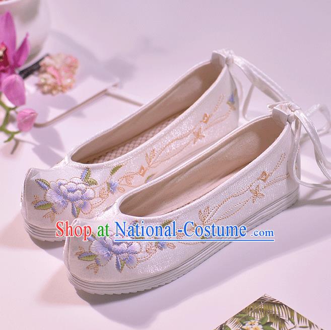 Asian Chinese Satin Shoes Embroidered Purple Peony Shoes Traditional Opera Shoes Hanfu Shoes for Women