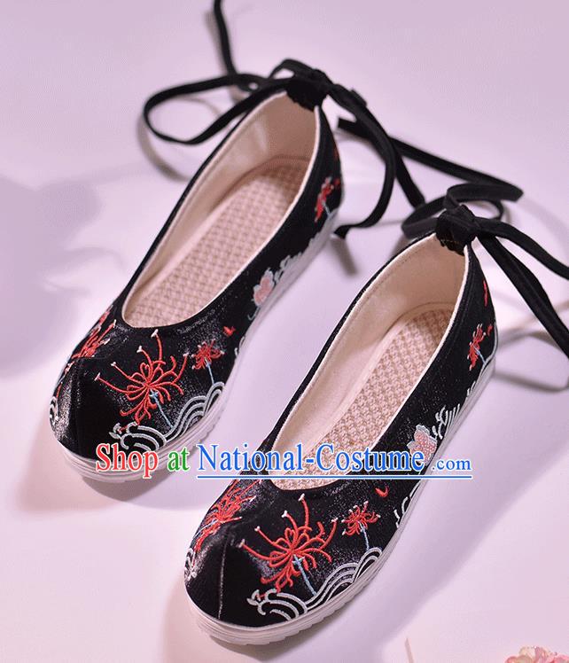 Asian Chinese Black Hanfu Shoes Embroidered Red Spider Lily Shoes Traditional Opera Shoes Princess Shoes for Women