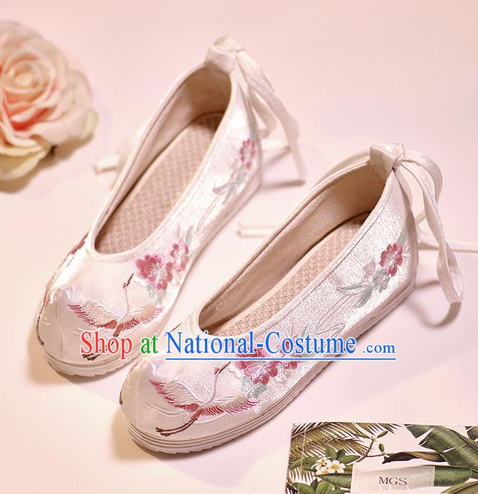 Asian Chinese Embroidered Crane Flowers White Shoes Hanfu Shoes Traditional Opera Shoes Princess Shoes for Women