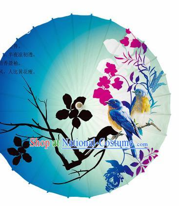 Chinese Traditional Printing Plum Birds Blue Oil Paper Umbrella Artware Paper Umbrella Classical Dance Umbrella Handmade Umbrellas