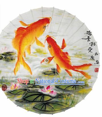 Chinese Traditional Printing Fishes Lotus Oil Paper Umbrella Artware Paper Umbrella Classical Dance Umbrella Handmade Umbrellas