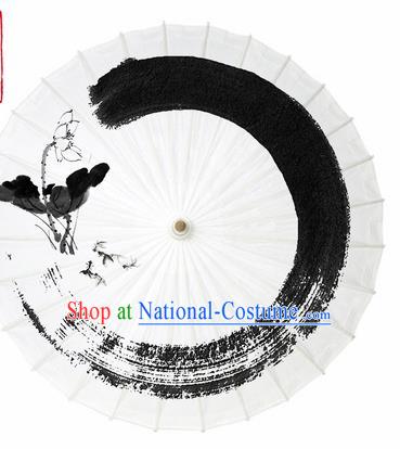 Chinese Traditional Printing Lotus White Oil Paper Umbrella Artware Paper Umbrella Classical Dance Umbrella Handmade Umbrellas