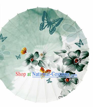 Chinese Traditional Printing Flowers Butterfly Green Oil Paper Umbrella Artware Paper Umbrella Classical Dance Umbrella Handmade Umbrellas