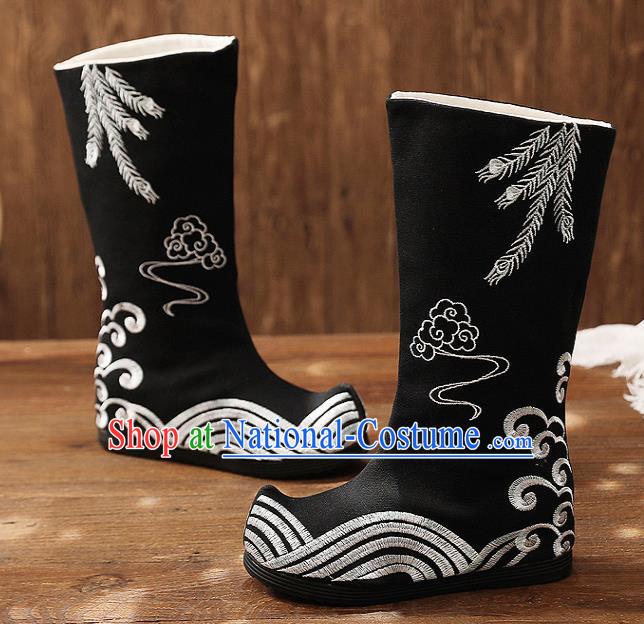 Asian Chinese Black Embroidered Boots Traditional Opera Boots Hanfu Shoes for Women