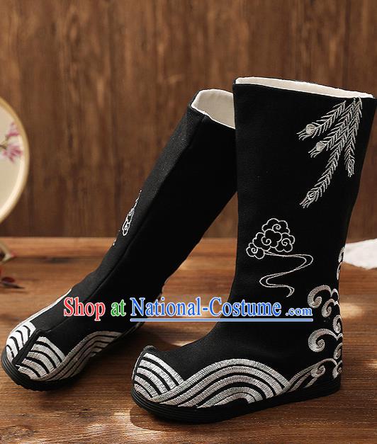 Asian Chinese Black Embroidered Boots Traditional Opera Boots Hanfu Shoes for Women