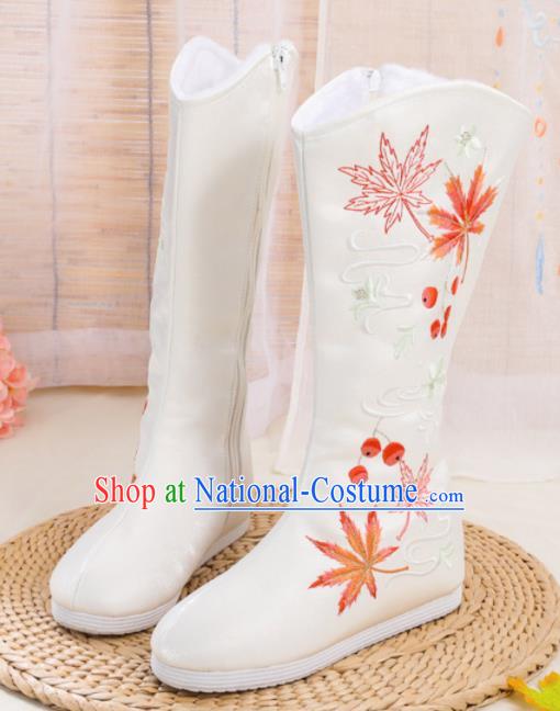 Asian Chinese Embroidered Maple Leaf White Boots Traditional Opera Boots Hanfu Shoes for Women