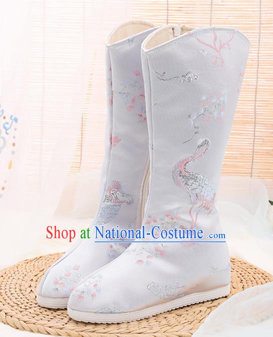 Asian Chinese Embroidered Plum Crane Grey Boots Traditional Opera Boots Hanfu Shoes for Women