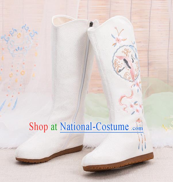 Asian Chinese Embroidered Crane White Boots Traditional Opera Boots Hanfu Shoes for Women