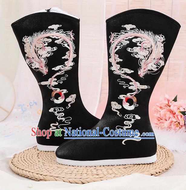 Asian Chinese Winter Embroidered Dragon Black Boots Traditional Opera Boots Hanfu Shoes for Women