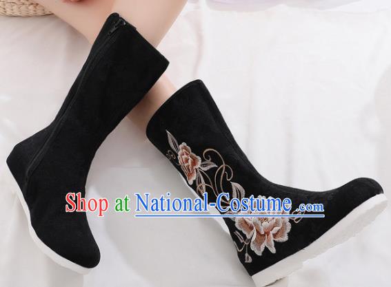 Asian Chinese Embroidered Peony Black Boots Traditional Opera Boots Hanfu Shoes for Women