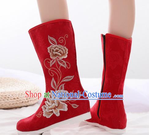 Asian Chinese Embroidered Peony Red Boots Traditional Opera Boots Hanfu Shoes for Women