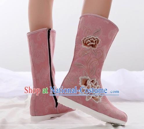 Asian Chinese Embroidered Peony Pink Boots Traditional Opera Boots Hanfu Shoes for Women