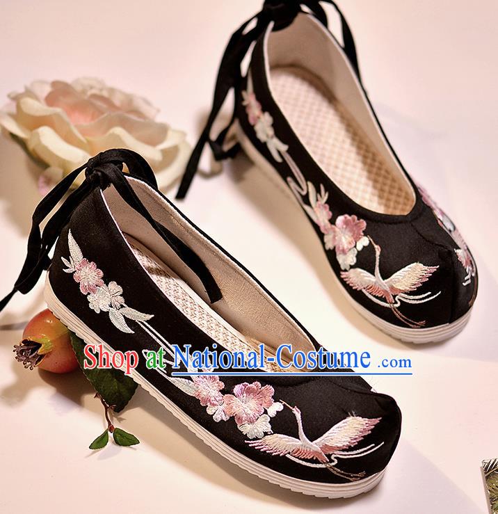 Asian Chinese Embroidered Crane Flowers Black Shoes Hanfu Shoes Traditional Opera Shoes Princess Shoes for Women