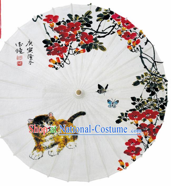 Chinese Traditional Printing Cat Flowers Oil Paper Umbrella Artware Paper Umbrella Classical Dance Umbrella Handmade Umbrellas