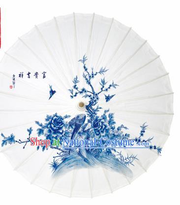 Chinese Traditional Printing Blue Peony Oil Paper Umbrella Artware Paper Umbrella Classical Dance Umbrella Handmade Umbrellas