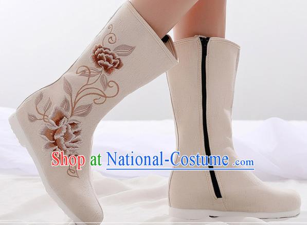 Asian Chinese Embroidered Peony Beige Boots Traditional Opera Boots Hanfu Shoes for Women