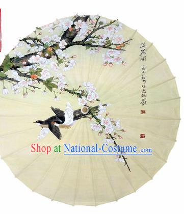 Chinese Traditional Printing Cherry Blossom Yellow Oil Paper Umbrella Artware Paper Umbrella Classical Dance Umbrella Handmade Umbrellas